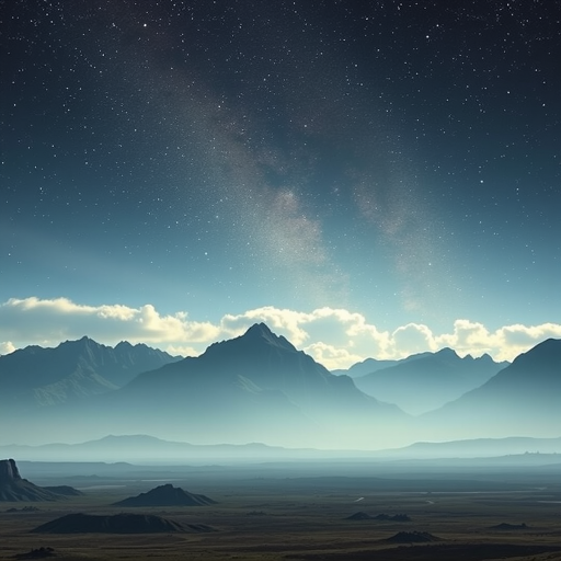 Create a high-resolution digital art image of a distant alien landscape featuring dramatic mountains under a cosmic sky filled with stars and clouds, captured at dawn with a wide-angle lens at f/11, ISO 100, shutter speed 1/250 sec, using a DSLR camera for enhanced clarity and detail.