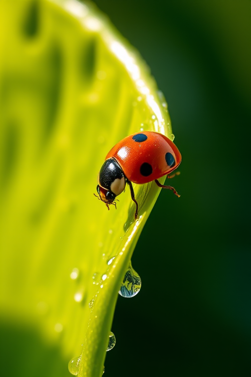 Sharp, high-resolution close-up of a ladybug crawling along the edge of a vibrant green leaf, soft sunlight reflecting off its shiny shell, tiny droplets of water clinging to the leaf, and the feeling of fresh morning dew.