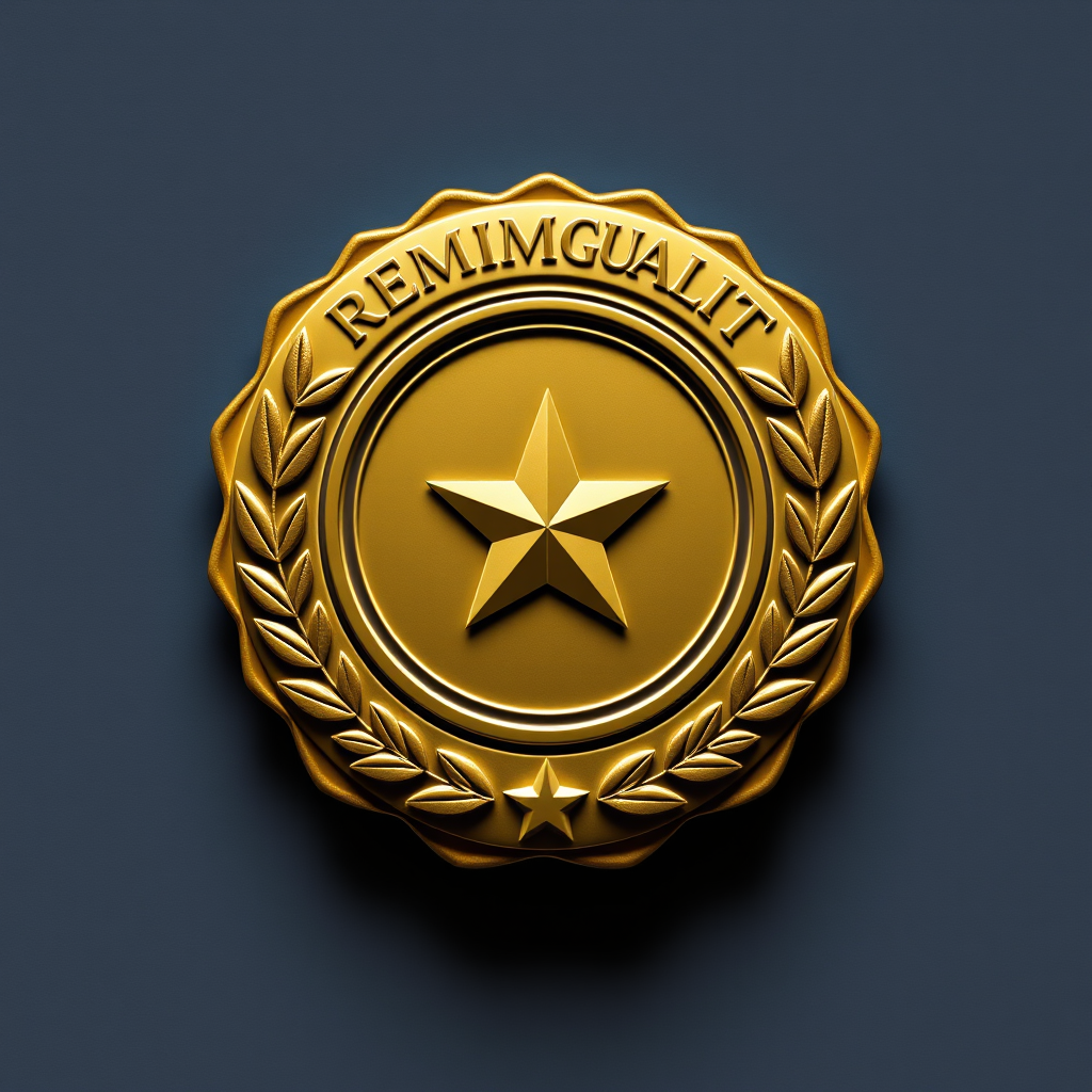 Create a high-quality vector graphic of a premium quality badge featuring a rosette and laurel leaves with a central star, using a Canon EOS R5, aperture f/2.8, ISO 100, 50mm lens, in a flat lay composition with soft diffused lighting.