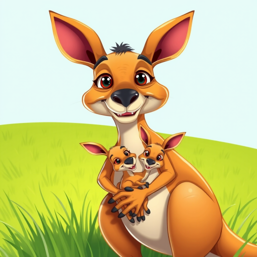 create a vibrant cartoon illustration of a kangaroo holding a joey with exaggerated facial expressions on a green grass background, camera settings: f/8, ISO 100, shutter speed 1/250s, camera view: close-up, camera style: colorful and playful, camera type: digital art rendering