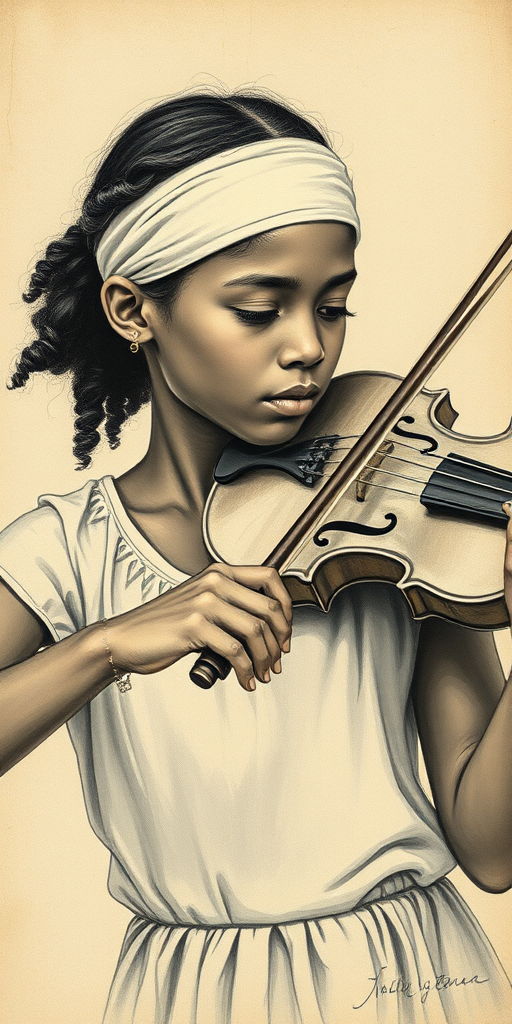 a young Fijian woman with a white headband playing a violin, in the style of a charcoal drawing, sepia grunge background