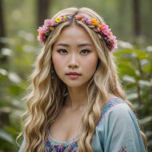 Create an image of a young Hmong woman with long, wavy blonde hair, adorned with small, colorful flowers woven into her braids and loose strands. Her complexion is fair, with soft, glowing skin, and she has light blue eyes that gaze softly at the viewer. She wears a light, flowing dress with a gentle, ethereal quality, complementing her delicate and serene appearance. The background is slightly blurred, drawing focus to her tranquil expression and the intricate details of the flowers in her hair. The overall mood of the image is one of natural beauty and grace, evoking a sense of peacefulness and connection with nature.