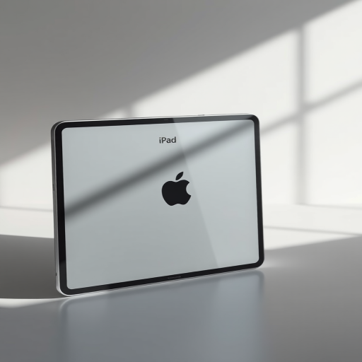 Create a high-resolution 3D render of an iPad positioned at a 45-degree angle, with dramatic lighting, using a Canon EOS 5D Mark IV camera, f/2.8 aperture, ISO 100, 24mm lens, and soft shadow effects for enhanced depth.