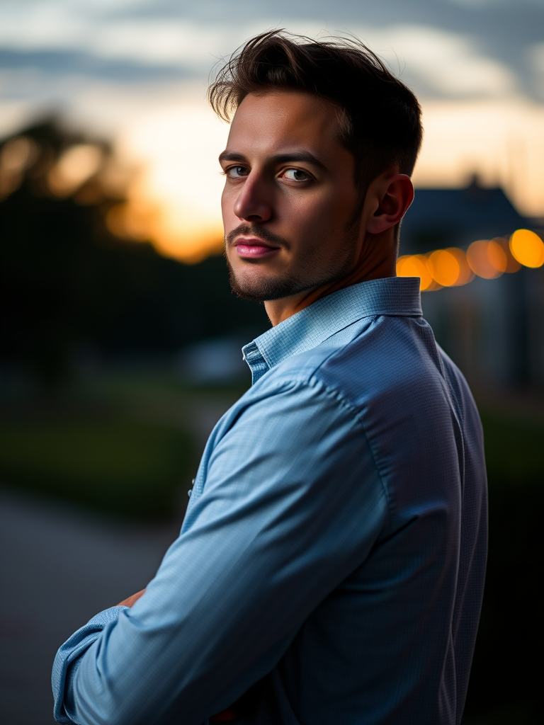 portrait of a man standing sideways in an outdoor setting during twilight, soft focus with shallow depth of field, ISO 200, aperture f/2.8, shutter speed 1/100s, taken with a DSLR camera, natural lighting