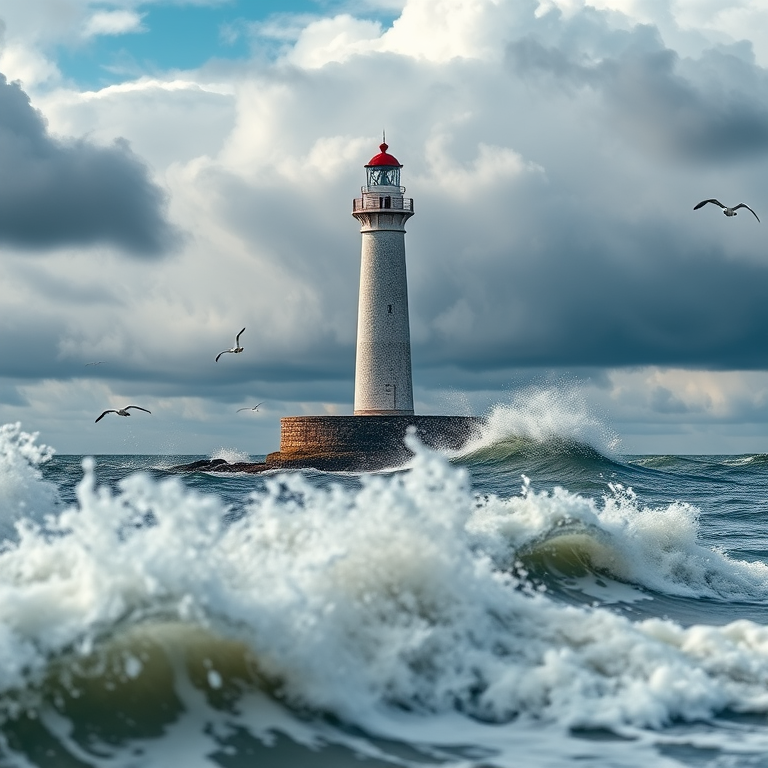 Create a stunning image of a lighthouse standing tall against a turbulent sea, with dramatic clouds and seagulls in the background, using a Canon EOS 5D Mark IV, 24mm lens, f/8 aperture, ISO 100, at a shutter speed of 1/250s, shooting from a low angle to capture the power of the waves and enhance the overall dynamic quality of the scene.