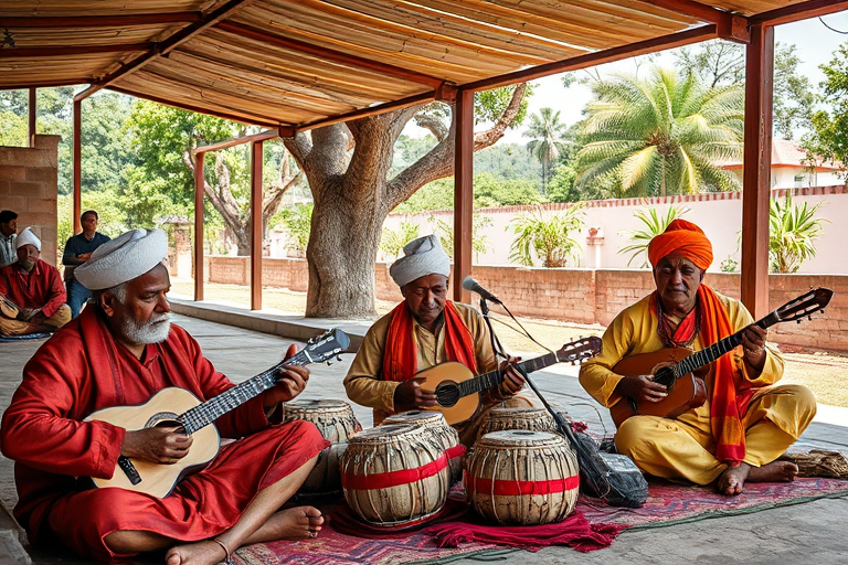Regenerate an image of a group of musicians in traditional attire sitting together under a shaded area, captured with a Canon EOS 5D Mark IV, 35mm lens, f/8 aperture, ISO 100, 1/250 sec shutter speed, natural lighting for vibrant colors, wide-angle view.