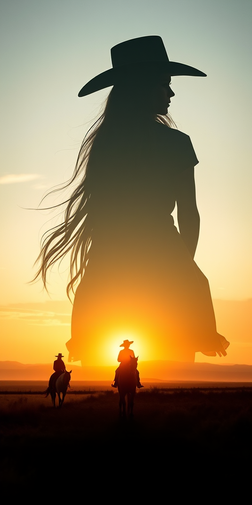 "Create a Double exposure", a silhouette "profile portrait of a young cowgirl" with long hair "superimposed" against a long shot of a cowgirl riding a horse across the plains, fantastic view, 32k, cinematic, hyper-realistic.