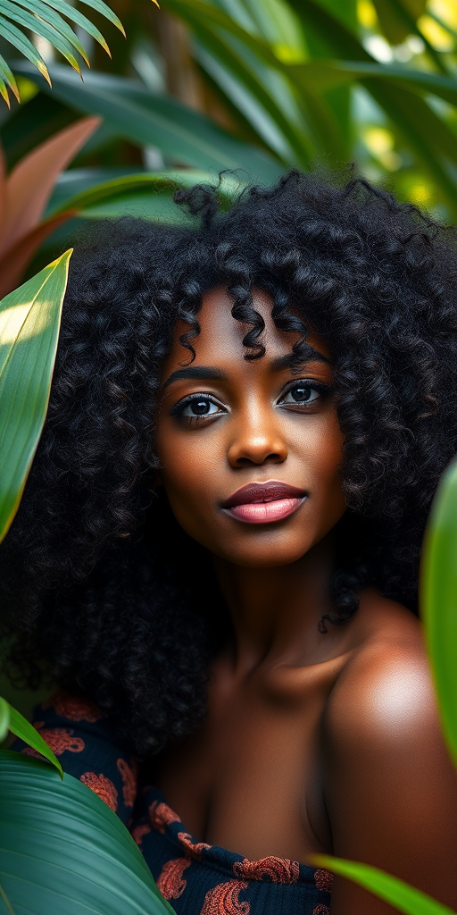 Create a highly detailed portrait of a woman with curly hair in a vibrant jungle setting, using a Canon EOS R5, 85mm lens, f/1.8 aperture, 1/125 sec shutter speed, and ISO 100 in soft natural lighting to enhance colors and textures.