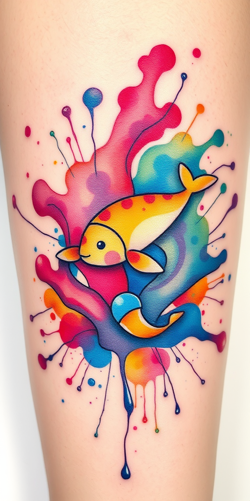 Whimsical watercolor splash tattoo depicting playful marine life emerging from colorful paint splatters, fluid and organic shapes blending seamlessly, vibrant hues creating a joyful and energetic atmosphere