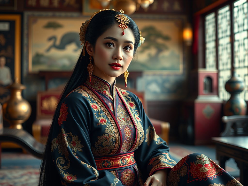 A beautiful Indonesian woman in traditional East Asian attire, intricately detailed with embroidered patterns, sitting gracefully in a richly decorated room, soft ambient lighting, serene and elegant, ultra-realistic, 8K resolution