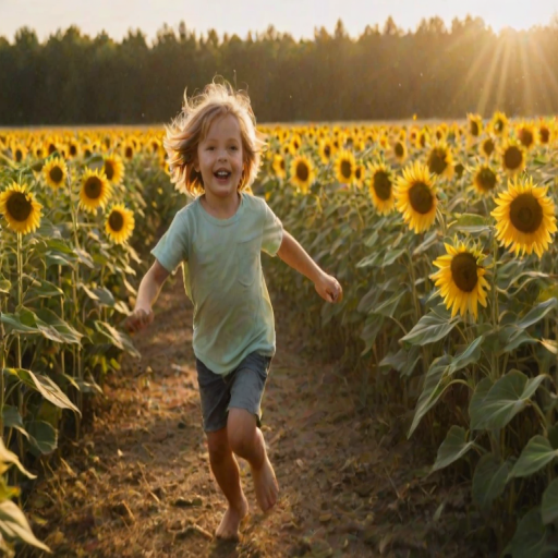 Blurry shot of a child running through a sunflower field, arms outstretched, the vibrant yellow petals and soft green leaves swirling in motion, with soft golden sunlight streaming from behind.