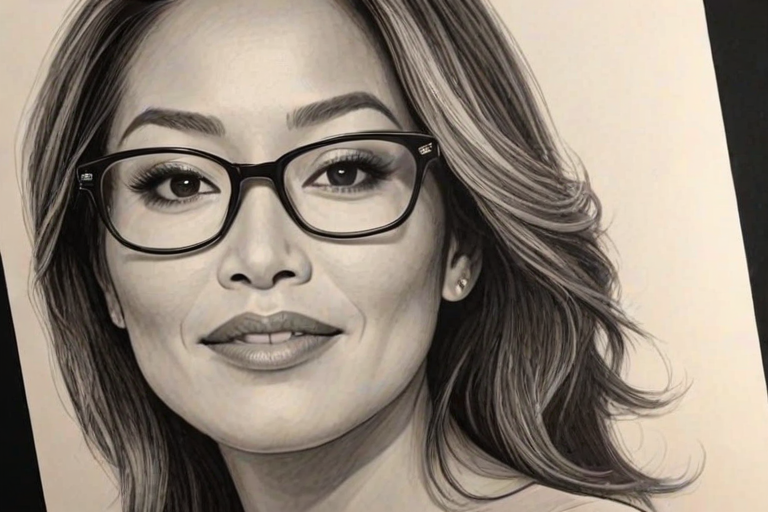 Splendid Carrie Ann Inaba, pencil sketch, portrait of Stunning woman 1959s in glasses, hair style beatnik, outline, clear lines, fine lines, 8k
