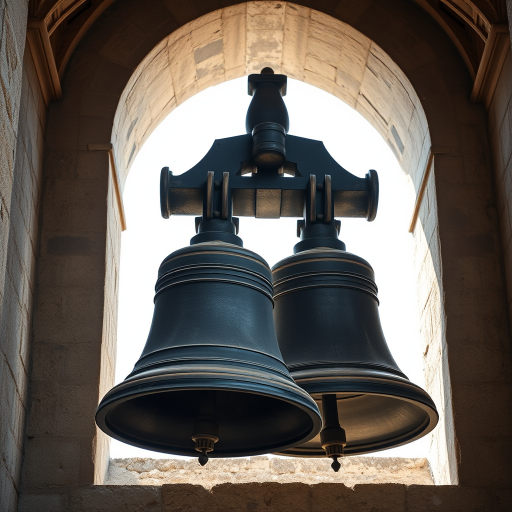 Regenerate a high-resolution image of two large, weathered church bells hanging in a stone bell tower, captured with a DSLR camera at f/8 aperture, 1/250 sec shutter speed, ISO 200, in a wide-angle view with natural lighting for enhanced detail and clarity.