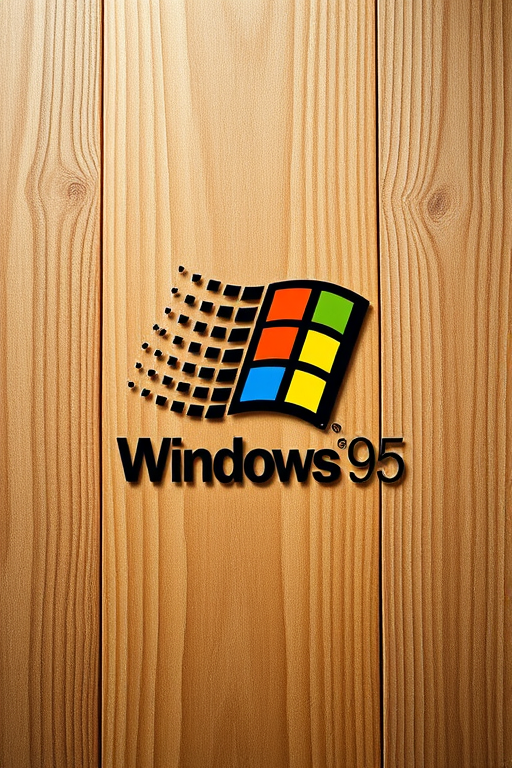 Create an image of a wooden background with the Microsoft Windows 95 logo subtly integrated, shot with a Canon EOS R5 at f/4, ISO 100, with a shallow depth of field, in soft natural light, using a macro lens for enhanced texture detail.
