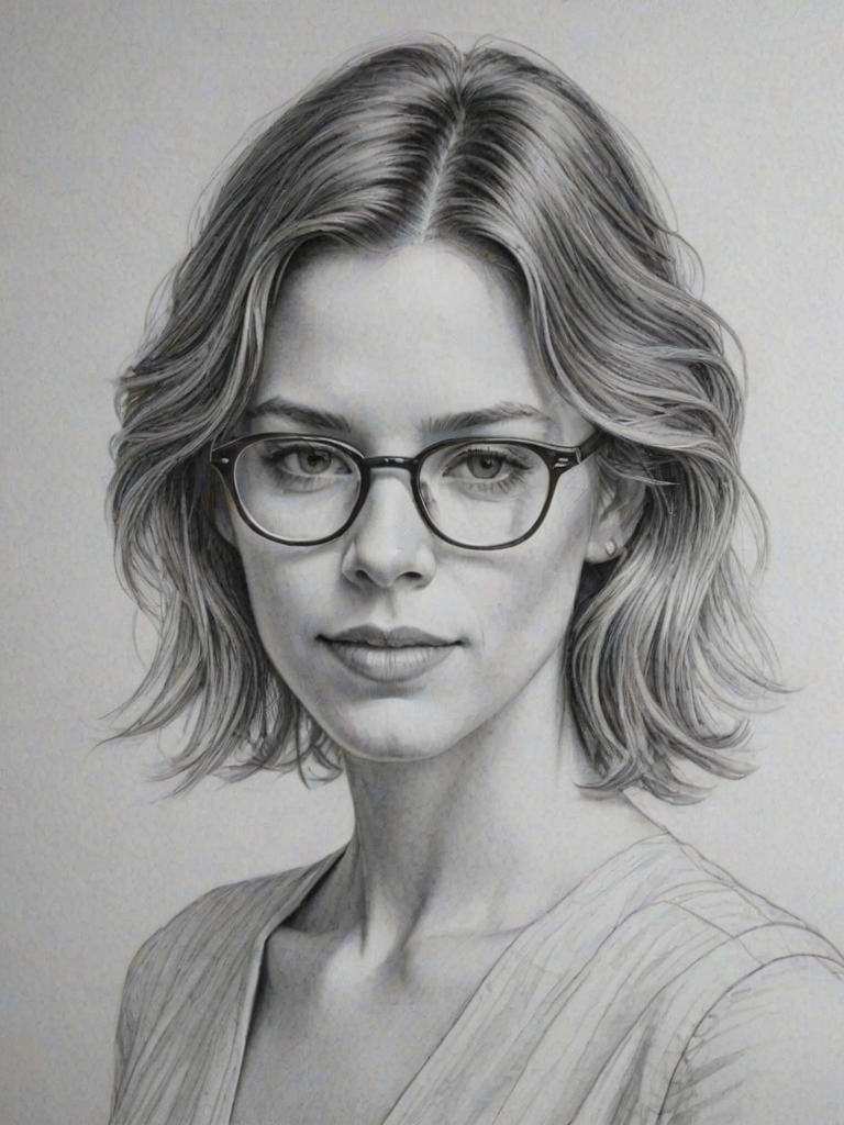 Beauteous Tessa Ferrer, pencil sketch, portrait of Graceful woman 1975s in glasses, hair style beatnik, outline, clear lines, fine lines, 8k