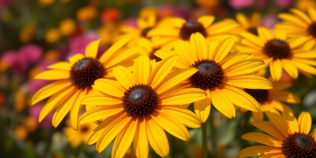Close-up of yellow flowers with brown centers in a vibrant garden, shallow depth of field, f/2.8 aperture, 50mm lens, ISO 100, natural sunlight, DSLR camera.