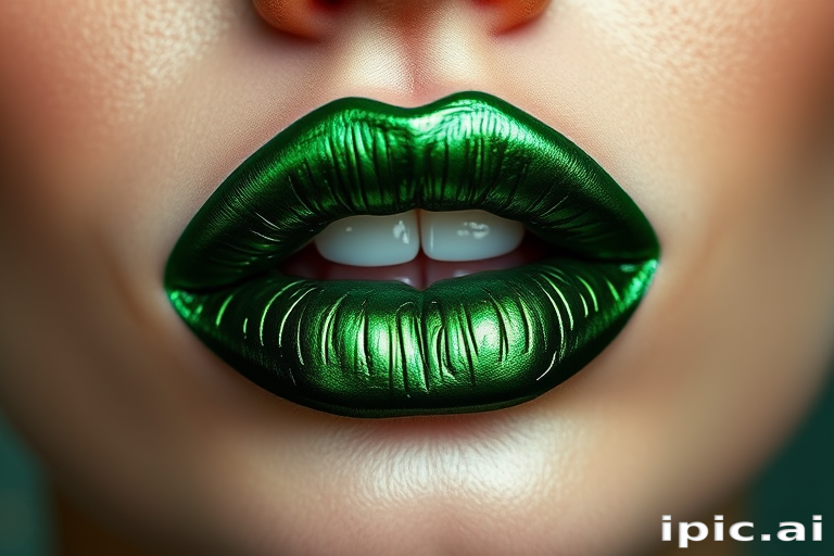 Metallic emerald green lips, christened "Enchanted Forest," showcasing a rich jewel tone and a foil-like finish for daring makeup looks