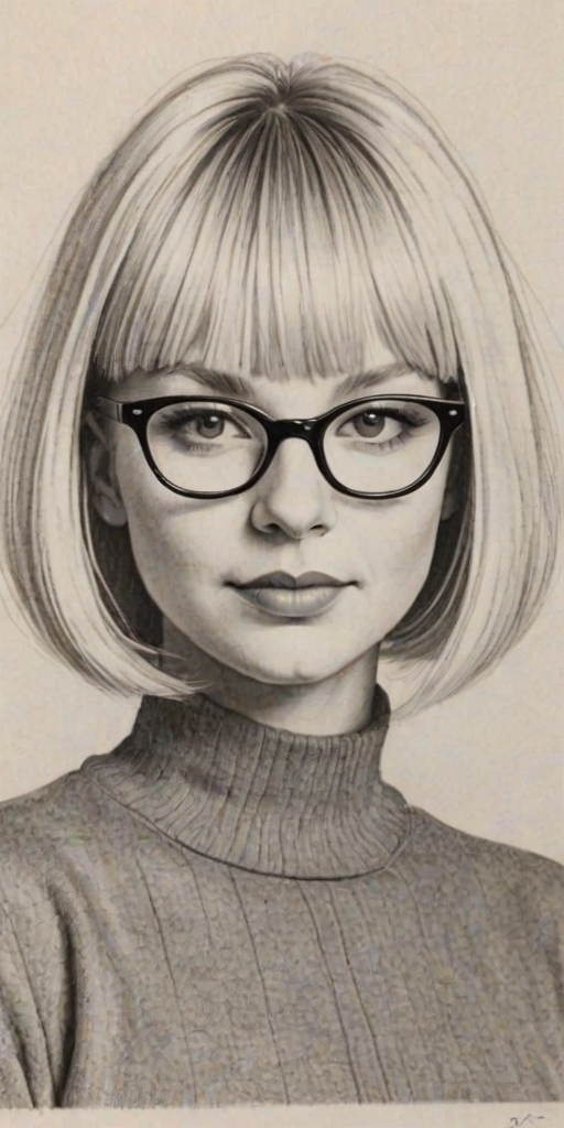 Superb Sia, pencil sketch, portrait of Beauteous woman 1958s in glasses, hair style beatnik, outline, clear lines, fine lines, 8k