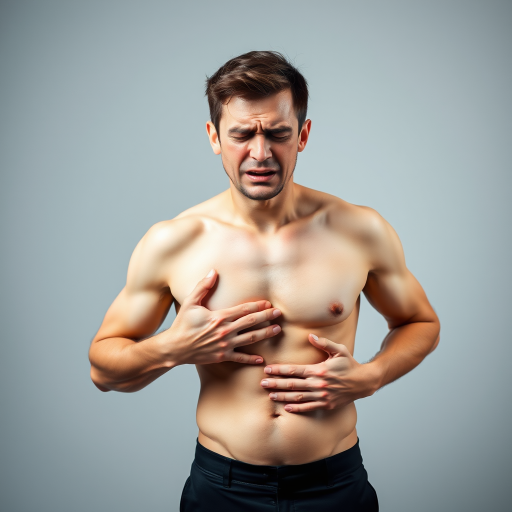 Create an image of a male figure with a light physique, showing a painful expression while holding his stomach, with a soft gradient background, shot with a DSLR camera at 50mm, f/1.8 aperture, ISO 100, and a shallow depth of field to enhance detail and focus on the figure.