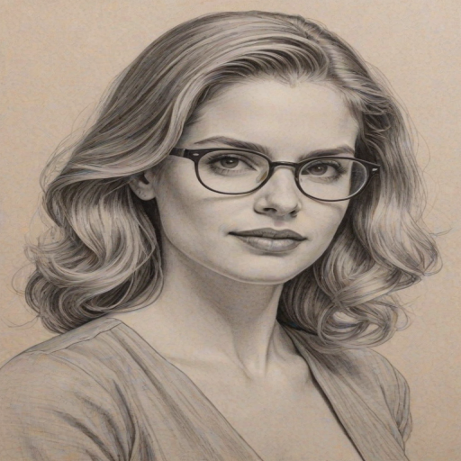 Lovely Anna Chlumsky, pencil sketch, portrait of Elegant woman 1947s in glasses, hair style beatnik, outline, clear lines, fine lines, 8k