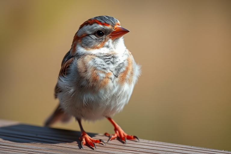 A close-up of a sparrow perched on a wooden surface with natural lighting, highlighting its detailed feathers and vibrant colors.
