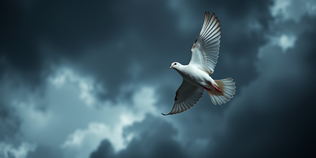 A soaring dove against a dramatic dark cloud background, capturing the essence of freedom, shot with a Canon EOS R5, 50mm lens, f/1.8, ISO 200, shutter speed 1/2000s, low-angle view for a powerful perspective, high contrast settings for enhanced detail and clarity.