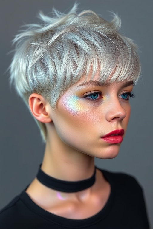 Futuristic Holographic Pixie cut featuring short, spiky layers in iridescent silver with color-shifting properties, creating a mesmerizing, otherworldly effect