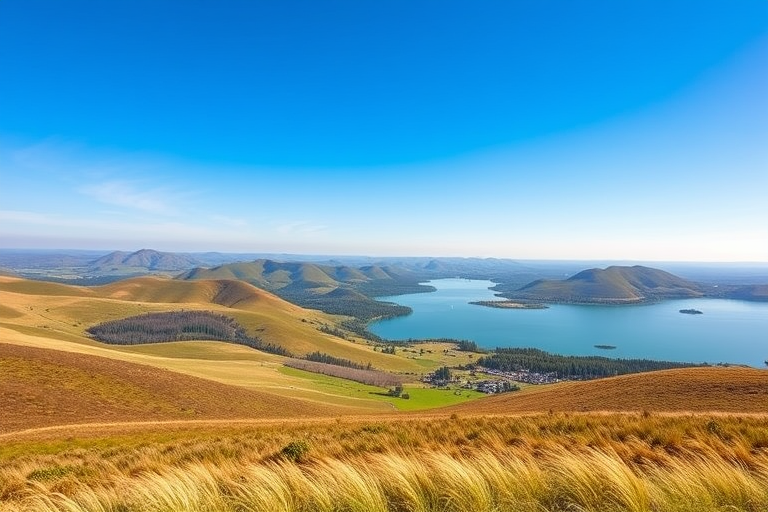 Create an image of a serene landscape with rolling hills, a clear blue sky, and a reflective lake, captured with a Canon EOS R5, 24mm lens, f/8, ISO 100, using a tripod for stability and a shallow depth of field for enhanced detail.