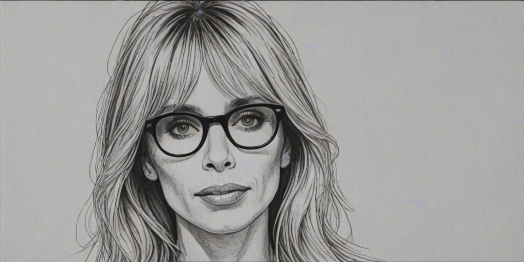 Fascinating Rosanna Arquette, pencil sketch, portrait of Alluring woman 1974s in glasses, hair style beatnik, outline, clear lines, fine lines, 8k