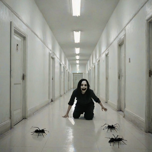 a crooked female with long arms and a creepy smile is crawling along a long white corridor and you can also see cockroaches in it there is a creepy atmosphere creepy art style