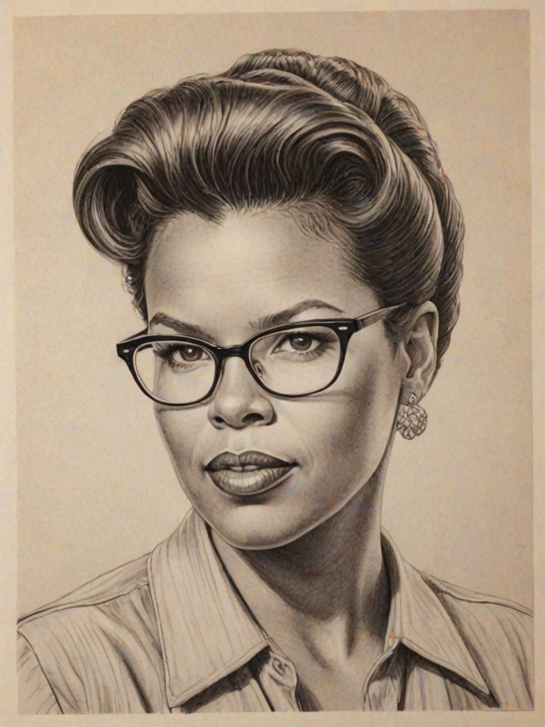 Gorgeous Leslie Jones, pencil sketch, portrait of Wonderful woman 1952s in glasses, hair style beatnik, outline, clear lines, fine lines, 8k