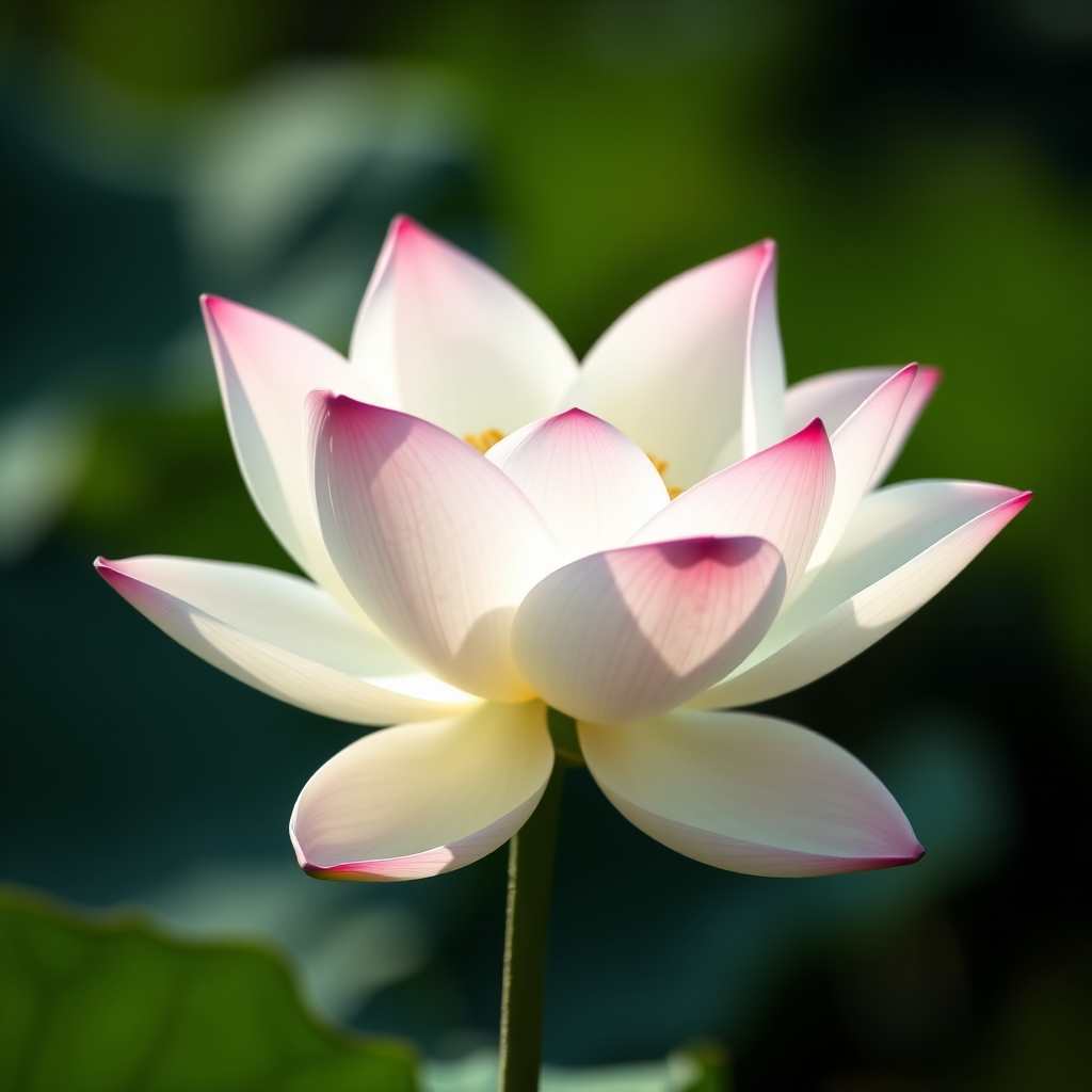 Generate a high-resolution image of a white lotus flower with pink tips in soft natural lighting, slight bokeh background, taken with a Canon EOS 5D Mark IV, 50mm lens, aperture f/2.8, ISO 100, and a shallow depth of field.