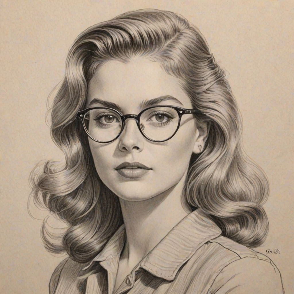 Gorgeous Brighton Sharbino, pencil sketch, portrait of Wonderful woman 1940s in glasses, hair style beatnik, outline, clear lines, fine lines, 8k