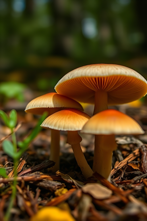 Close-up of mushrooms in a forest setting, natural lighting, f/2.8 aperture, 50mm lens, ISO 100, macro photography, shallow depth of field, Canon DSLR.