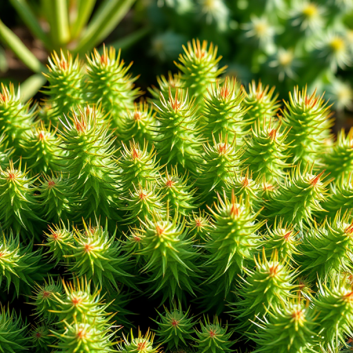 generate a high-resolution illustration of a vibrant cluster of green spiky plants with fine details in a well-lit environment using a DSLR camera, 50mm lens, f/2.8 aperture, ISO 100, and soft natural lighting for enhanced clarity and contrast