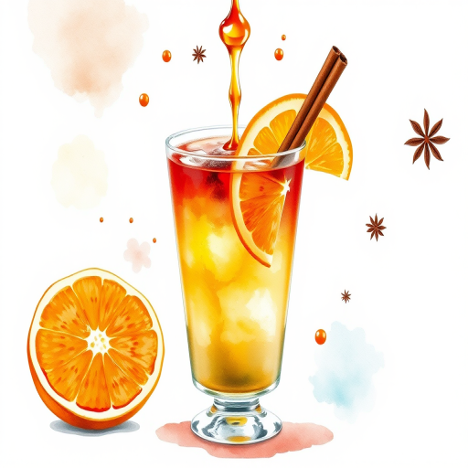 Create a vibrant watercolor illustration of a cocktail in a glass, featuring slices of oranges and a drizzle of honey above, with cinnamon sticks and star anise floating in the air, captured with a Canon EOS 5D Mark IV, 50mm lens, f/2.8, using natural light for enhanced colors and texture.