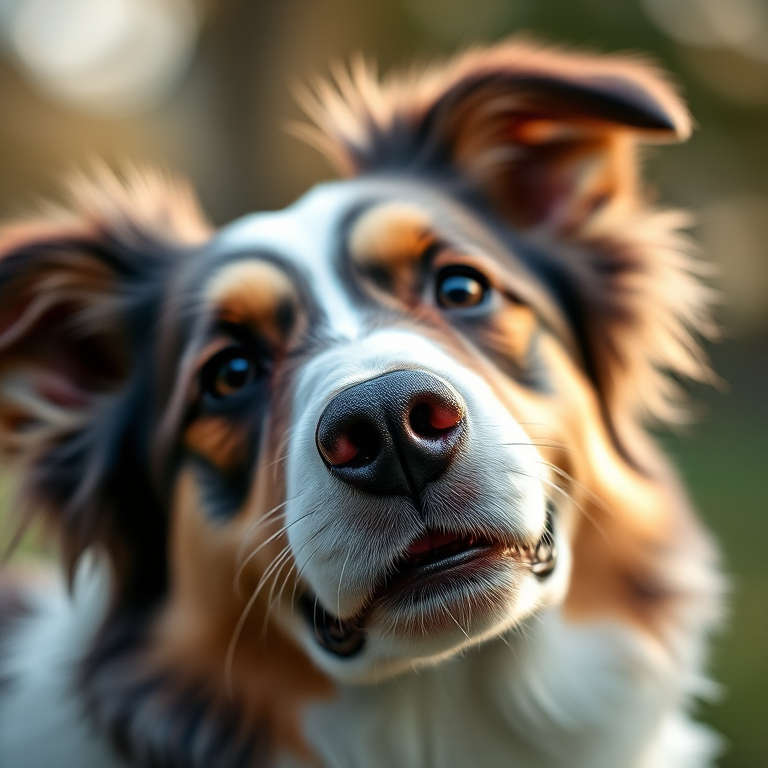 regenerate a high-quality close-up image of a collie dog with a shallow depth of field, using a Canon EOS 5D Mark IV, 50mm f/1.8 lens, ISO 100, aperture f/1.8, and shutter speed 1/200s, natural lighting with a blurred background
