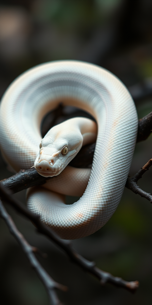 a close-up of a curled albino snake resting on dark branches with a blurred background, captured with a DSLR camera at f/2.8 aperture, ISO 200, 1/125 sec shutter speed, in natural light for enhanced detail and depth of field