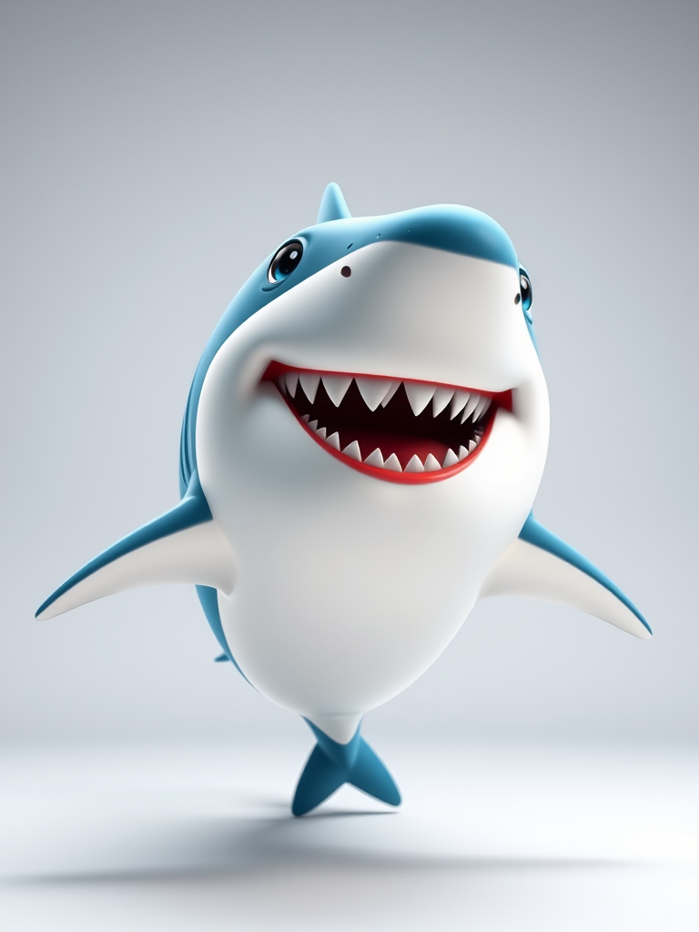 Create a high-resolution cartoon image of a shark, using a Canon EOS R5 camera, aperture f/8, ISO 100, 50mm lens, with a clean, minimalistic background and vibrant colors.