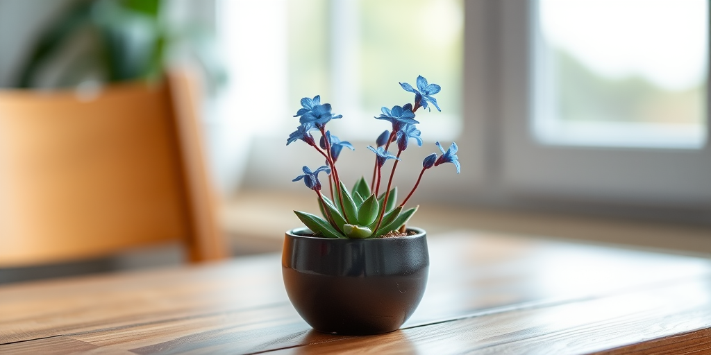 Regenerate the image of a small potted succulent with blue flowers on a wooden table, using a Canon EOS R5 camera, 50mm lens at f/1.8 aperture, ISO 100, natural light from a window for a soft focus background effect.
