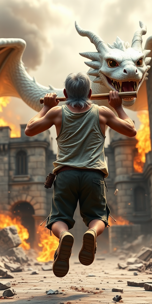 Cartoon 3D High-Resolution,dynamic battle scene using Unreal Engine 5 and Octane Render. The scene features back of an elderly, thai man with a beard,messy hair and round golden-rimmed glasses. He is wearing a tattered tank top with soot marks, shorts, and sandals. sweating. he wields a baseball bat. He jump to fight with a white fire-breathing Europe dragon amidst a partially destroyed stone castle. Include intense flames, smoke, and debris to enhance the dramatic effect.