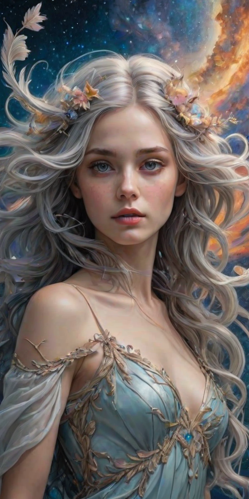 Create a series of imaginative portraits where each subject is infused with elements of fantasy and nature. The hair of the individuals should flow like clouds, varying from soft, fluffy cumulus to wispy cirrus strands, with hints of color reflecting a sunset or a clear blue sky. The eyes should be windows to entire galaxies, with stars, nebulae, and distant planets visible within them. Clothing should be adorned with nature motifs, such as floral patterns that bloom and change, vines that seem to grow and wrap around, or feathers that shimmer with iridescence. Each portrait should capture a unique personality, blending human features with the ethereal beauty of the natural and cosmic world. The backgrounds can vary, from starry night skies to enchanted forests, adding depth and context to the magical realism of the portraits