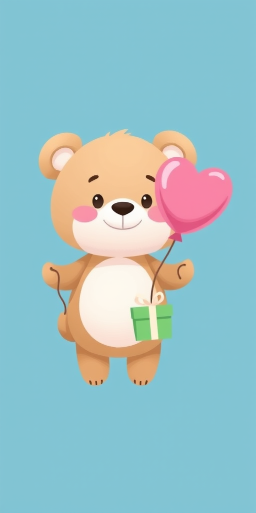 a cute cartoon character resembling a fluffy bear holding a pink balloon in one hand and a gift box in the other, with a plain blue background
