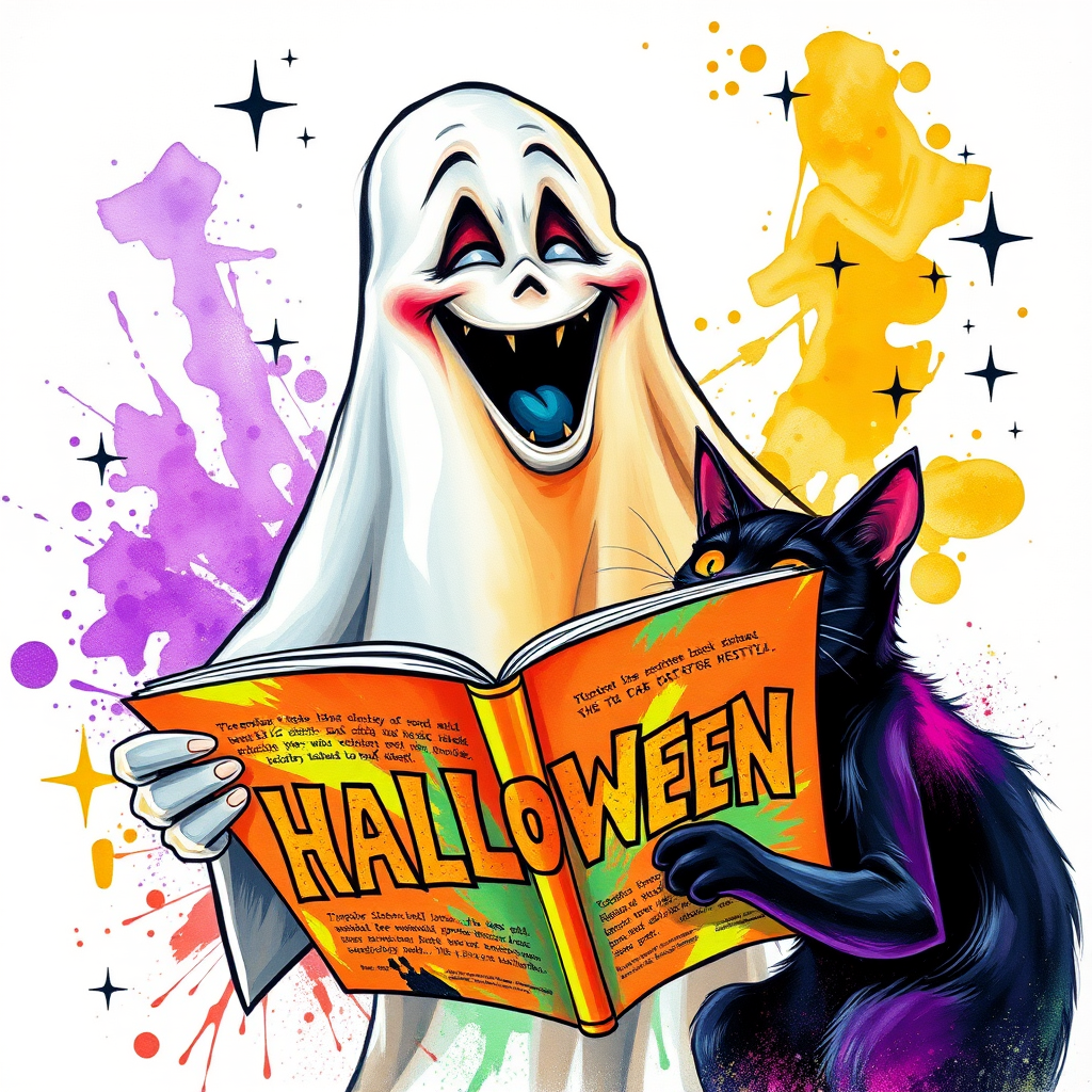 Image of a ghost and a black cat laughing exaggeratedly , and reading a comic halloween comic book, alcohol ink airbrush style, funny halloween theme, white background with neon purple, neon orange, neon green splash, black sparkles stars , dazzling BG