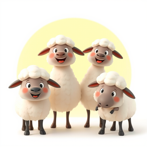 Create a cute, cartoon-style illustration of four sheep characters, showcasing different emotions: happy, surprised, shy, and sad, with a bright background, using a Canon EOS R5, 50mm lens, f/2.8 aperture, 1/250s shutter speed, and soft natural lighting to enhance colors and details.