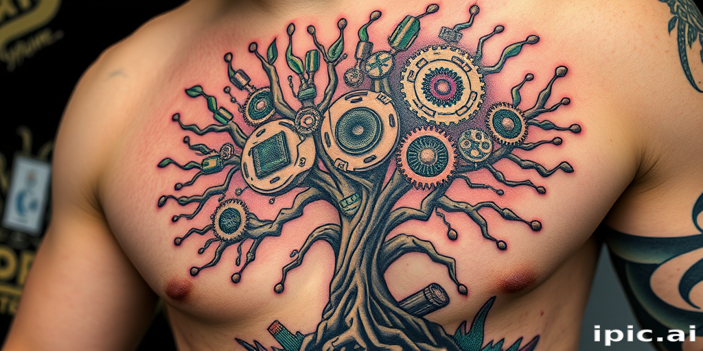 Surrealist tattoo titled "Dreamscape Fusion" merging elements of nature and technology, with a tree sprouting circuit boards and gears instead of leaves, rendered in a mix of realistic and abstract styles