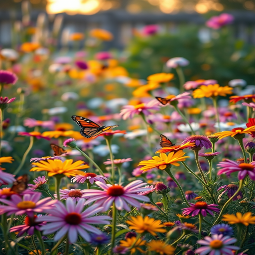 Create a hyper-realistic image of a vibrant garden filled with various flowers and butterflies, using a Canon EOS R5 camera with a 50mm lens, aperture set to f/2.8 for a shallow depth of field, ISO 100 for minimal noise, and a soft golden hour lighting to enhance colors and details.