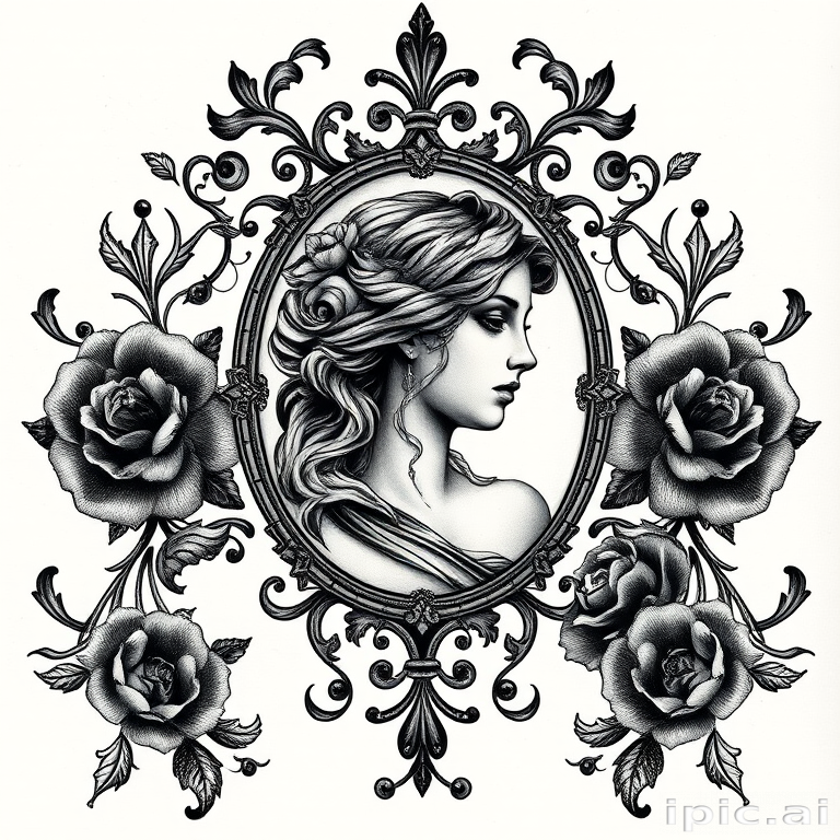 Gothic Victorian tattoo featuring an intricate cameo portrait surrounded by ornate filigree and dark floral elements, rendered in a monochromatic palette with subtle gray shading