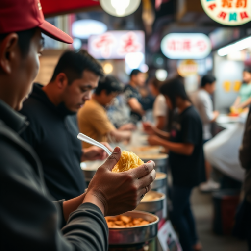 Blurry, candid photo of a street vendor serving steaming hot noodles to customers, soft focus on the motion of the vendor's hands, distant neon signs lighting up the bustling night market.