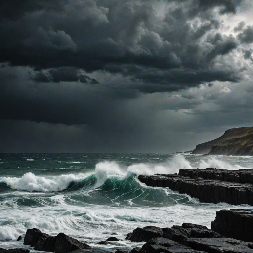 Sharp, high-contrast photo of a stormy ocean, dark clouds gathering in the sky above, waves crashing against the rocky shore, the distant sound of thunder rumbling, a sense of nature's raw power captured.
